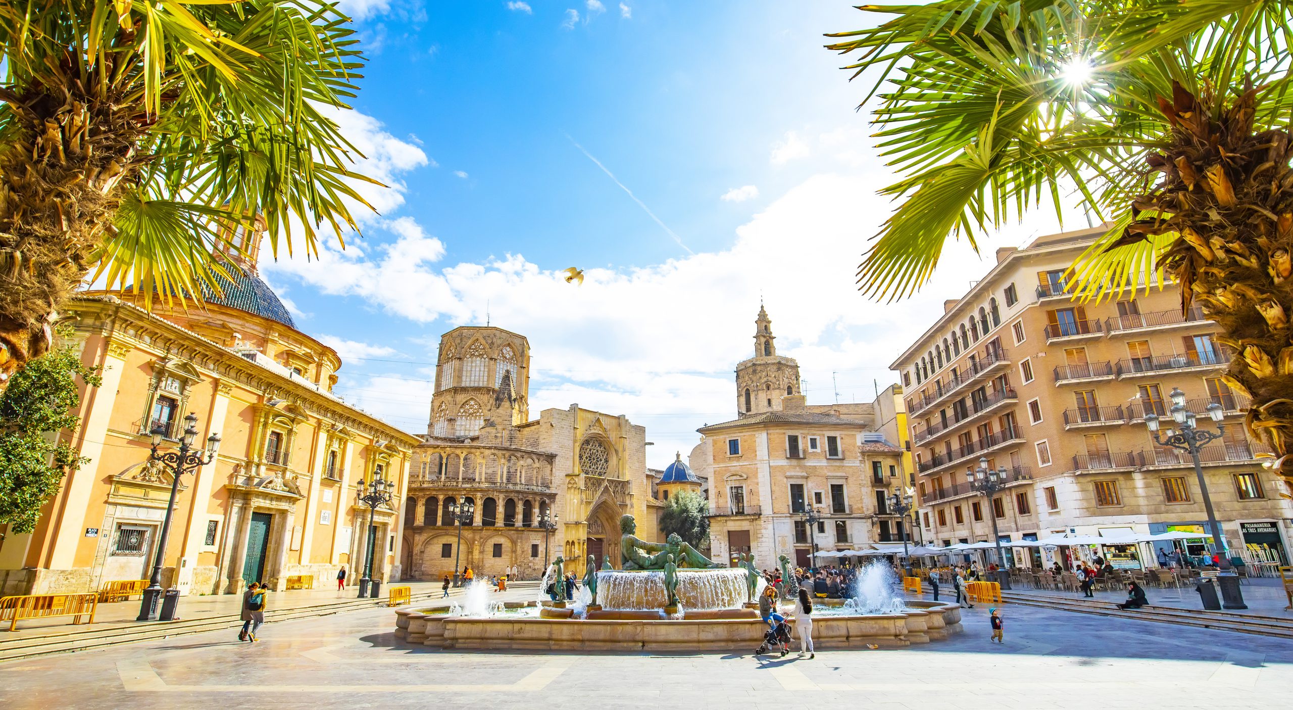 VALENCIA, SPAIN – 14 March 2019: Panoramic view of Plaza de la Virgen (Square of Virgin Saint Mary) and old town