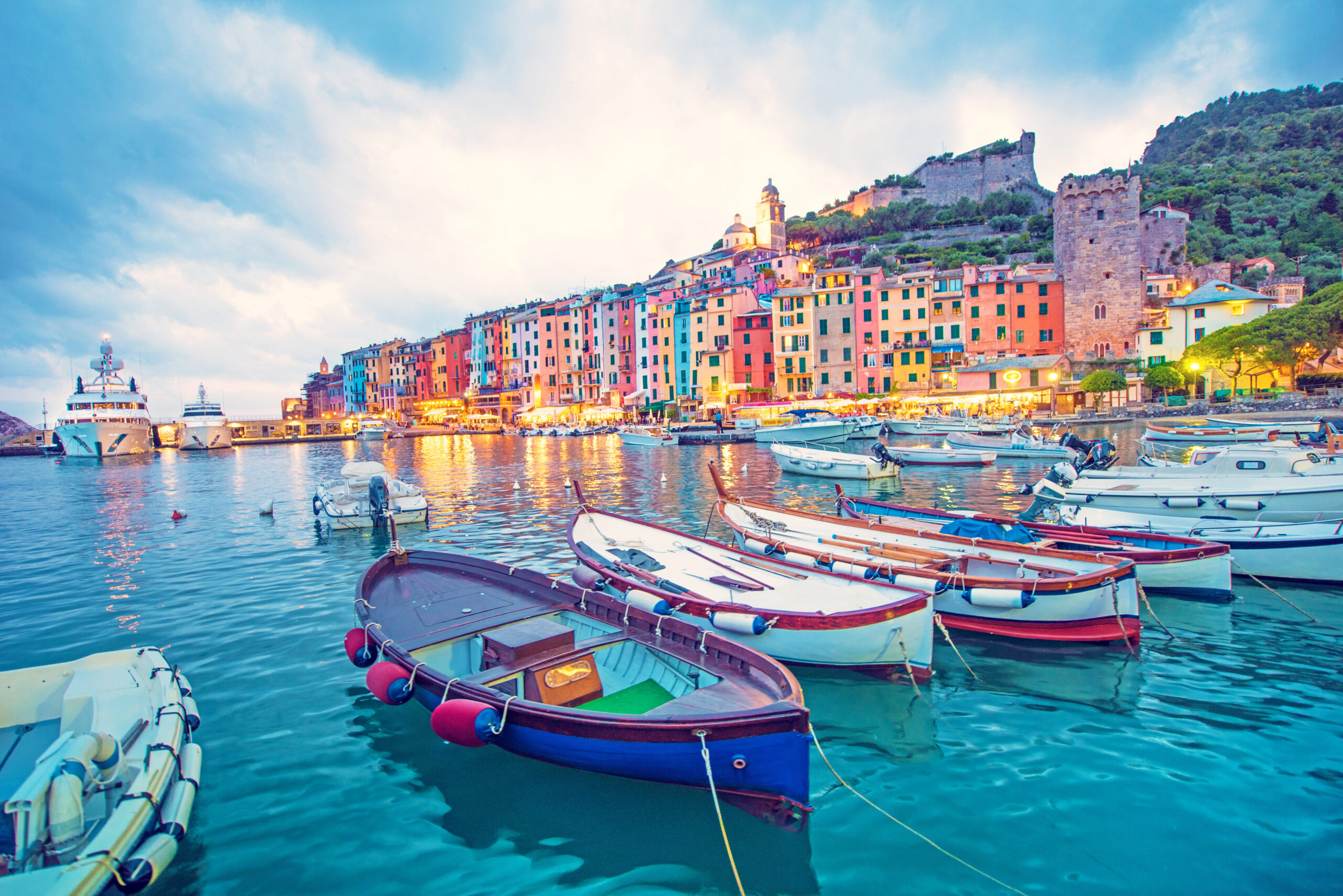 Mystic landscape of the harbor with colorful houses and the boat
